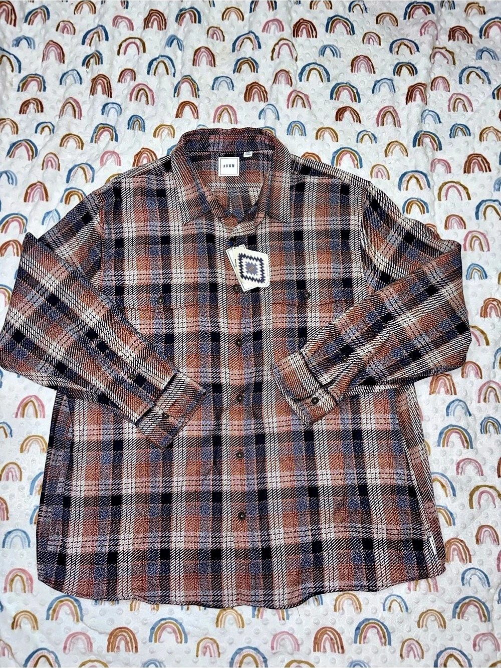 ROWM Plaid Cotton Shirt XXL NWT Brown Blue White Button Front Long Sleeve